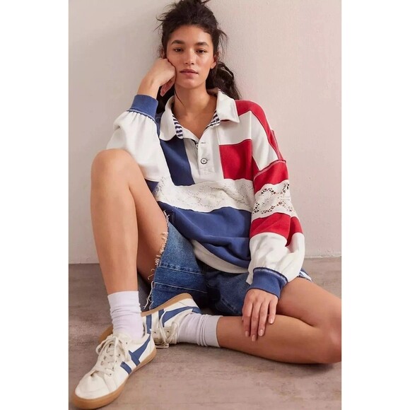 Free People We The Free American Dream Polo Pullover Top Striped XL NEW 284068 - Picture 4 of 8
